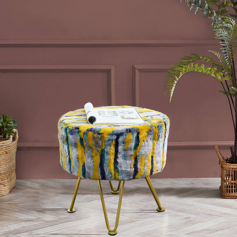 Repose-pieds multi-jacquard rond en fausse fourrure, Fausse fourrure bleu sarcelle