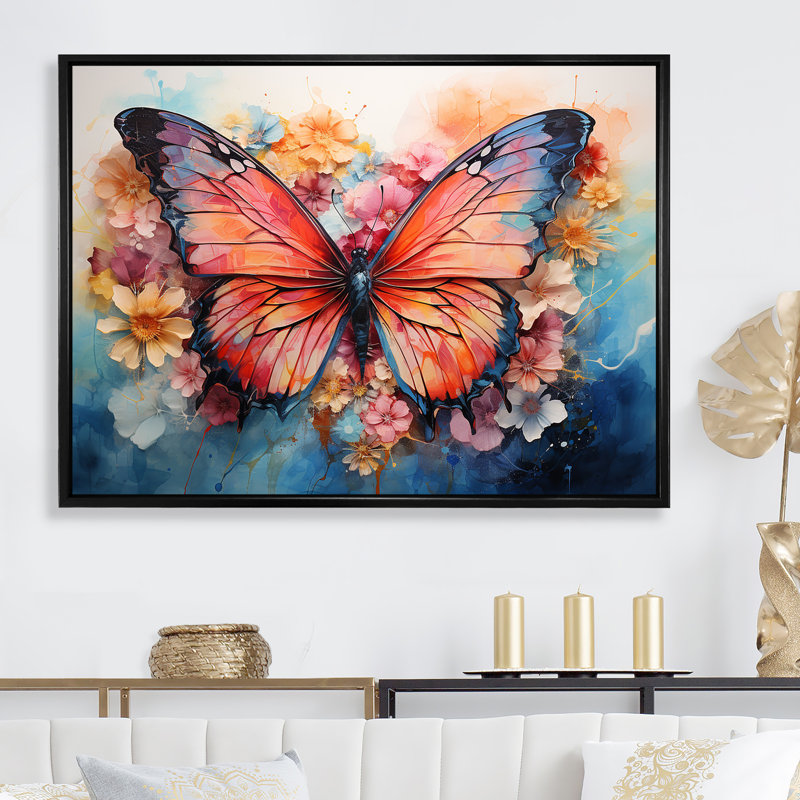 Papillon abstrait Auras II - grand art mural papillon, H 16 po x l 32 po x P 1 po, Cadre flottant noir