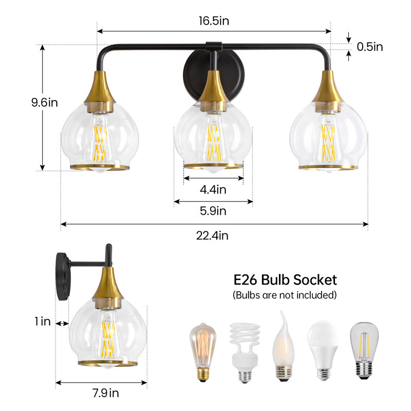 Lupe 3-Light Bathroom Dimmable Vanity Light, Black/Gold