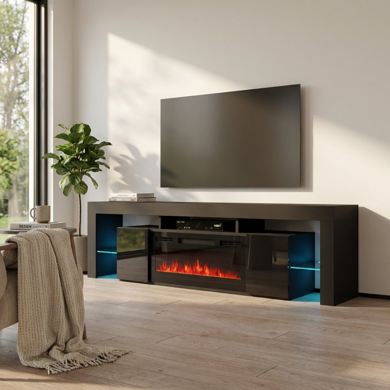 Soleo 78.7" Modern TV Stand with Electric Fireplace, High Gloss Finish, Media Storage, Black