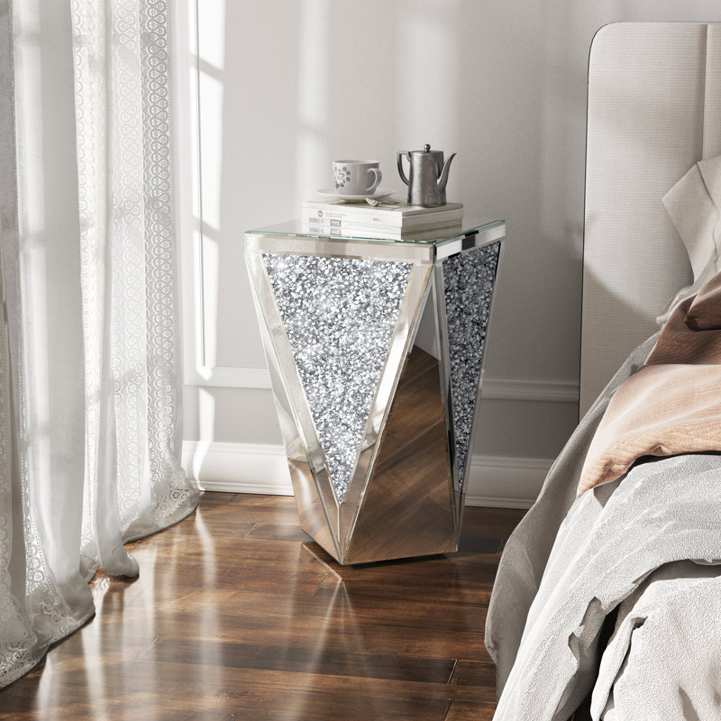Brayan 19.7'' Tall Pedestal Mirrored Glass Top End Table with Crystal Inlay, High Gloss Side Table for Living Room, Bedroom, Nightstand