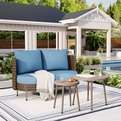 Round Curved Wicker Outdoor Patio Loveseat With Cushions And Two Coffee Tables by Ebern Designs