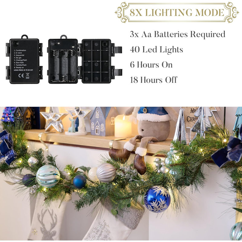 9 Feet Pre-Lit Artificial Christmas Garland with Silver Blue Ornaments and Ribbons