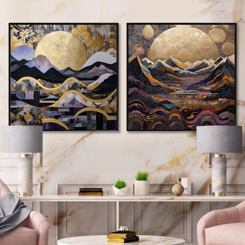 Golden Rising Moon - ensemble de 2 collage paysage carré moderne, Cadre flottant noir, H 16 po x l 33 po