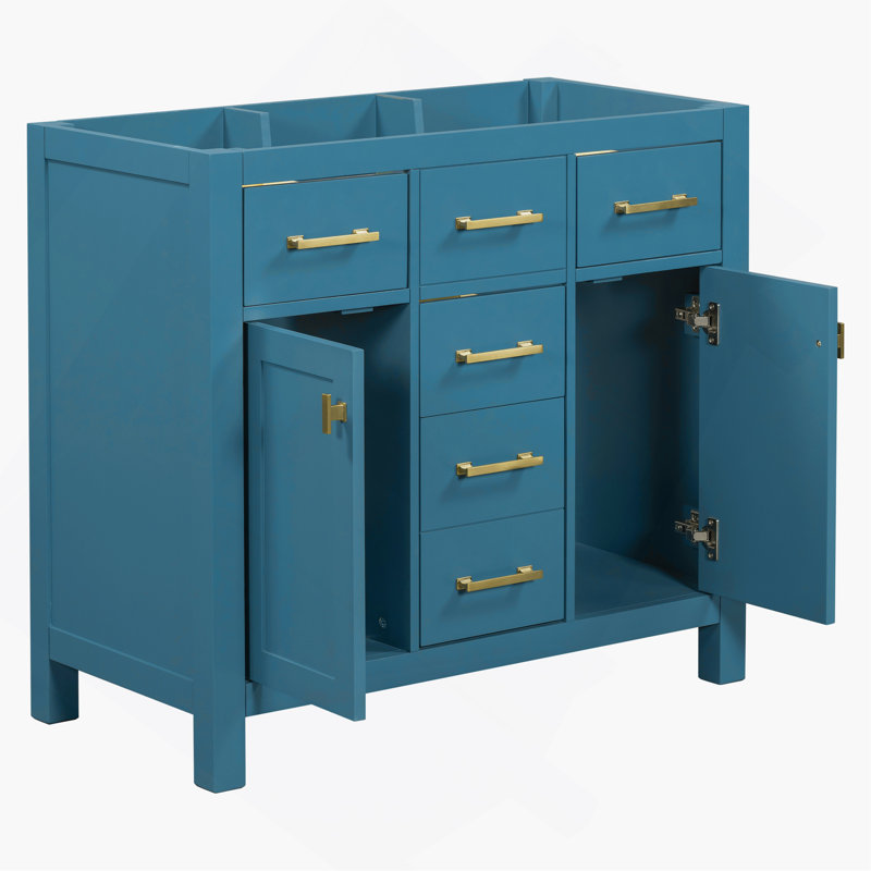 Meuble-lavabo simple 36 po avec 4 tiroirs et 2 armoires, armoire de rangement pour la salle de bain, meuble-lavabo avec cadre en bois massif seulement, bleu (non inclus)