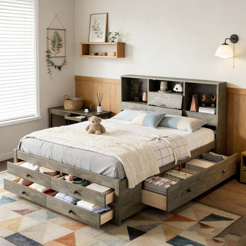 Lit plateforme avec tête de lit avec rangement et 8 tiroirs, Gris, Très grand lit