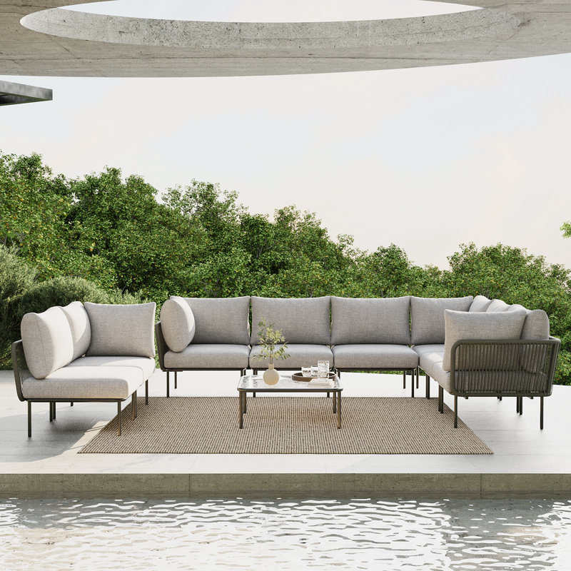 Latitude Run® 9 Pieces Aluminum Patio Furniture Set, Modern Modular Sectional Sofa with Coffee Table and Upgrade Thickness Cushion