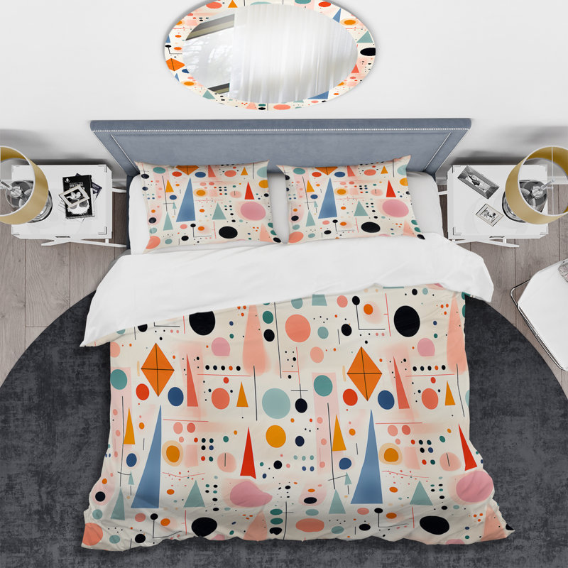 Pink Geometric Forms Pattern Geometric Shapes Duvet Cover, King Duvet Cover + 2 King Shams