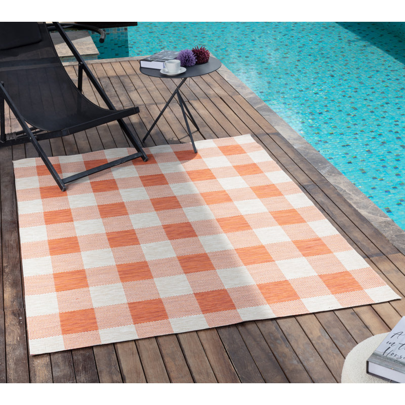 Outdoor Modern Boho Burnt Orange Checkered Rug, Rectangle 160 x 213cm