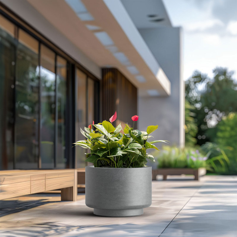 Large Concrete Round Planter / Pot With Drainage Holes, 9.06" H x 12.6" W x 12.6" D, Natural Gray