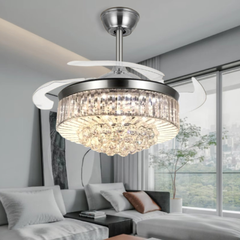 Silver Crystal Ceiling Fan With Light - 3 Colour Changing Dimmable Led, Remote Control