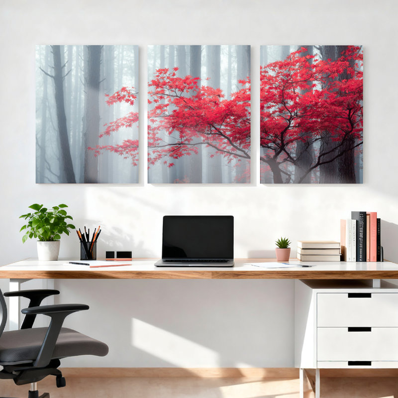 Ensemble de 3 tableaux sur toile représentant un érable rouge dans une forêt brumeuse, pour la décoration du salon et de la chambre.