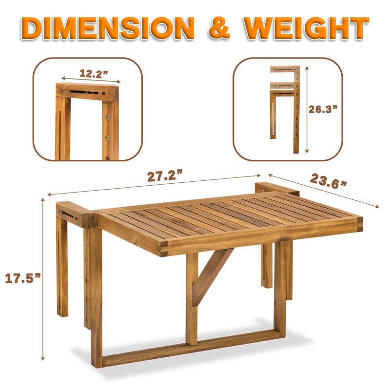 Solid Acacia Wood Folding Balcony Table, Natural