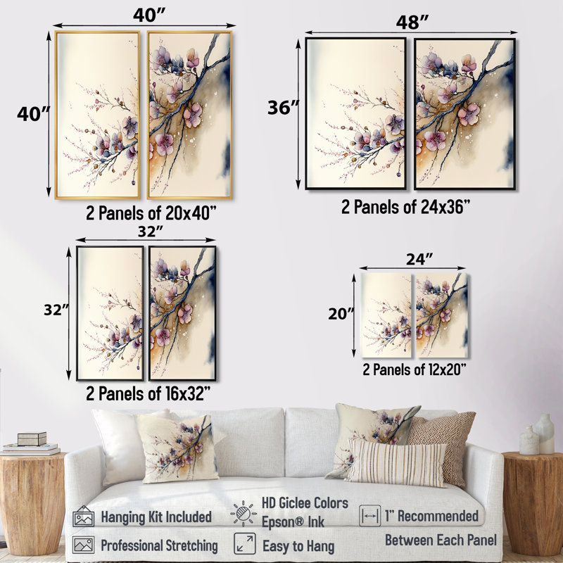 Rose et prune, branche de cerisier en fleurs I - art mural moderne 2 pièces, 32" H x 32" W, Impression encadrée flottante