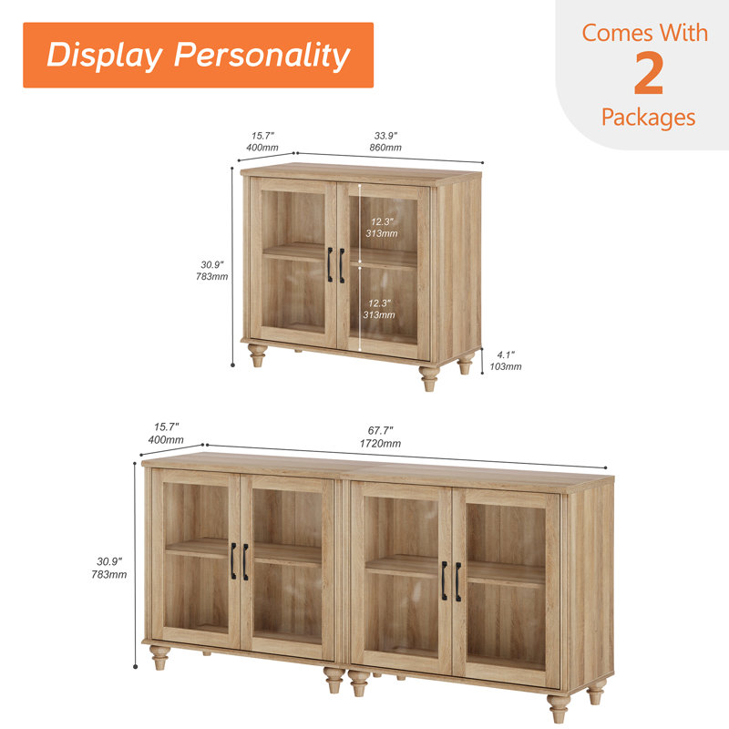 Scarlett Sideboard Cabinet With Bar Hutch, Buffet Cabinet With 4 Glass Doors, Oak