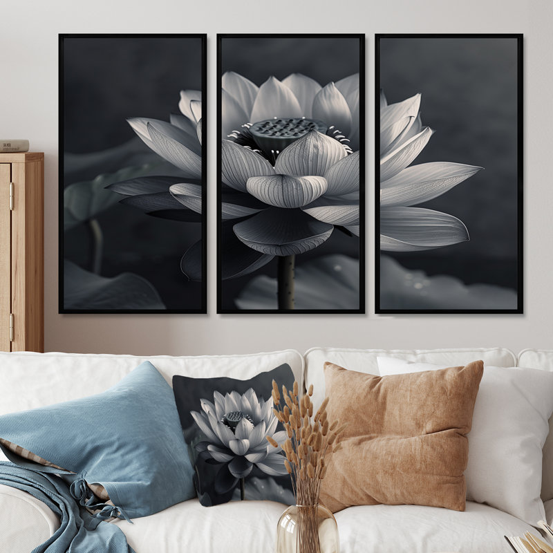 Ensemble de salon gris Lotus Photo Elegant Silhouette III - Lotus Wall Art, Toile avec cadre flottant noir