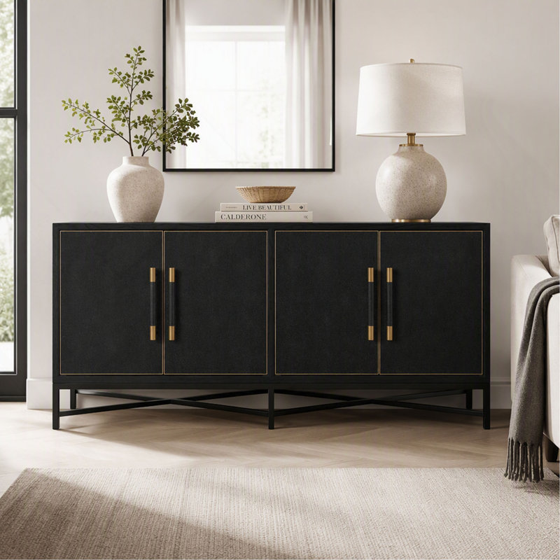 Buffet en cuir végan à motif galuchat avec pattes en laiton, meuble de rangement fini noir pour salle à manger et salon