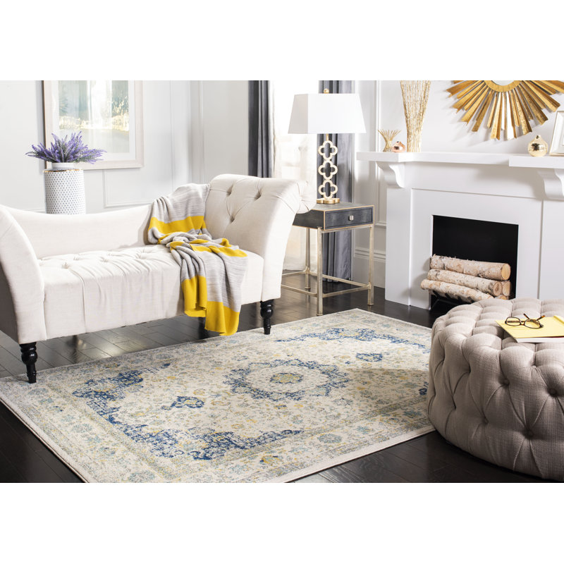 Tapis oriental ivoire et bleu Annette, Rectangle 6 pi 7 po x 9 pi
