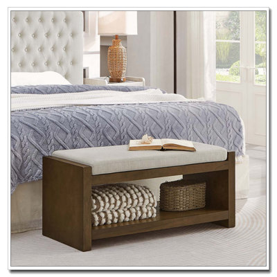 Wood Frame Storage Bench with Removable Cushion, Lower Shelf