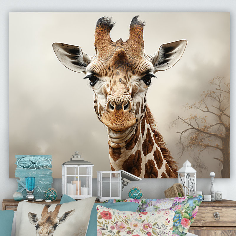 Élégance classique beige girafe - art mural girafe, H 34 po x l 44 po x P 1,5 po, Toile tendue