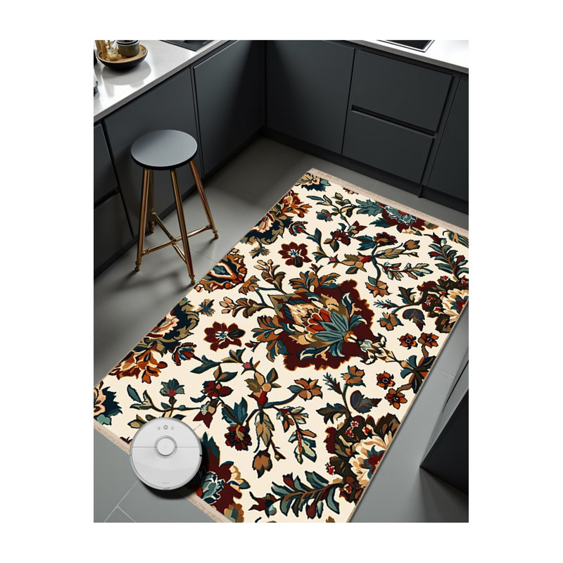 Tapis Abdiour MOSSO blanc à motif floral, lavable, à envers tissé, 2 pi x 2 pi 11 po