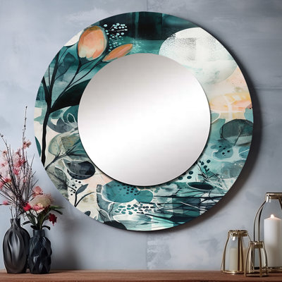 Paeten Green and Orange Reflections Of A Free Mind III - miroir plume Boho, miroir mural rond vert, impression sur métal
