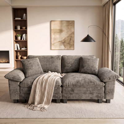 88" Oversized Deep Seat Living Room Sofa, Chenille Couch with Throw Pillows