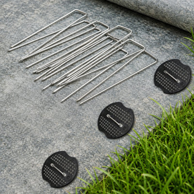 Landscape Staples Set, 6 Inch 11 Gauge Galvanized 50 U-Shaped Pins with 50 Gaskets, Ground Pins for Weed Barrier Fabric, Artificial Turf, Lawn, Tents