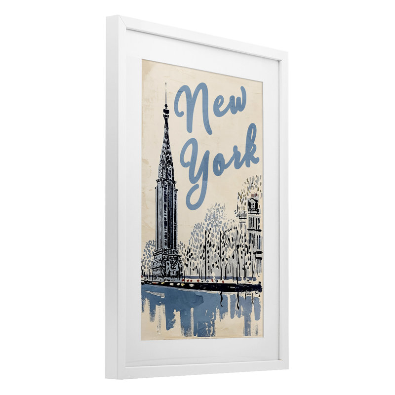 «Blue and Beige New York», reproduction sous verre encadrée, design par Annabelle Hall, H 23 po x l 17 po, Cadre blanc côtier