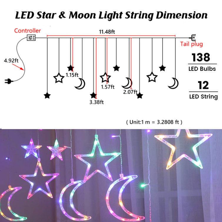 Fairy Lights Remote Control Hanging Star and Moon Lights with 138 LEDs The Holiday Aisle