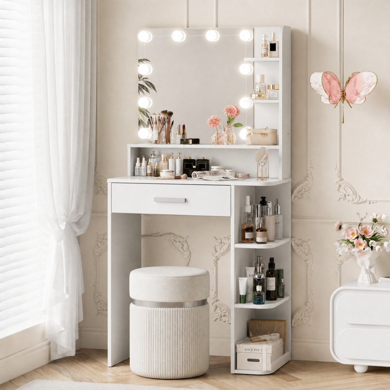 Coiffeuse en bois manufacturé avec miroir à DEL et tablettes de rangement , Blanc