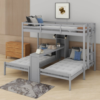 Bunk Bed With Built-In Desk And Storage Shelves, 3 Beds In 1 Design Triple Bunk Bed With Reading Lamp And Guardrails