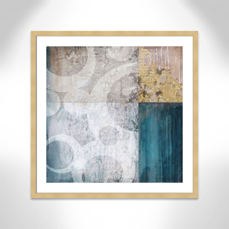 Deymus 'Teal Quadrant' Framed Acrylic Painting Print, 32.5" H x 32.5" W x 2" D, Champagne