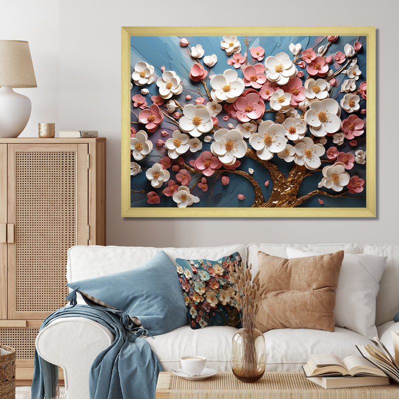 Orchidée rose et or jardin de branches I - art mural arbre, Cadre d'angle fermé doré, H 24 po x l 32 po x P 1 po