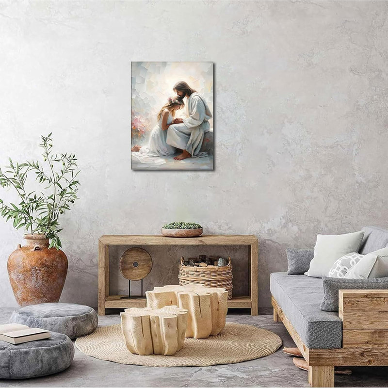 Framed Jesus And Woman Praying Canvas Wall Art Jesus Blessing The Flower-Crowned Girl Wall Decor Pictures Modern Christian Oil Poster Prints For Bedroom Church Home Decoration 12X16in Ready To Hang