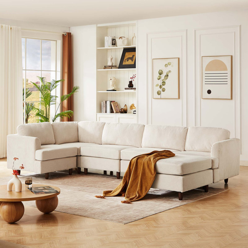 Canapé modulaire moderne, canapé convertible 6 places, Velours côtelé beige