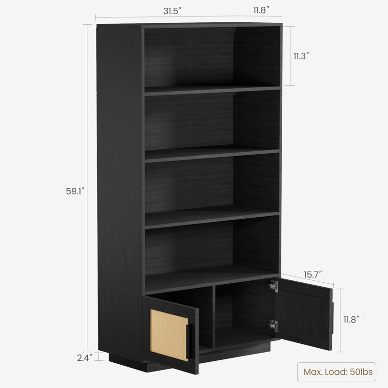 Boho Bookcase With Rattan Doors, 5 Tier Bookshelf, Black