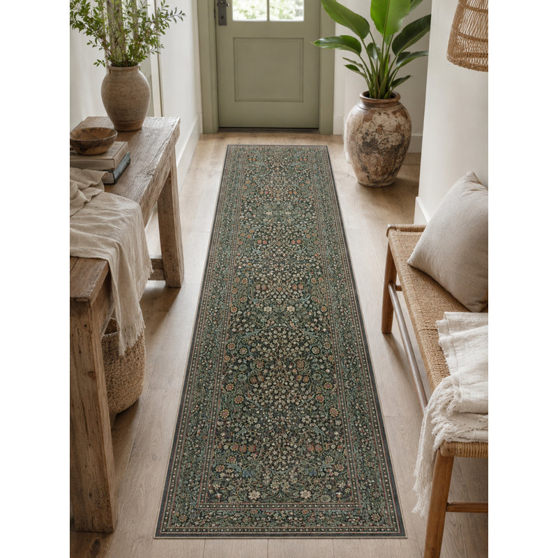 Dark Green Patterned Washable Decorative Carpet, Rectangle 3'4" x 5'