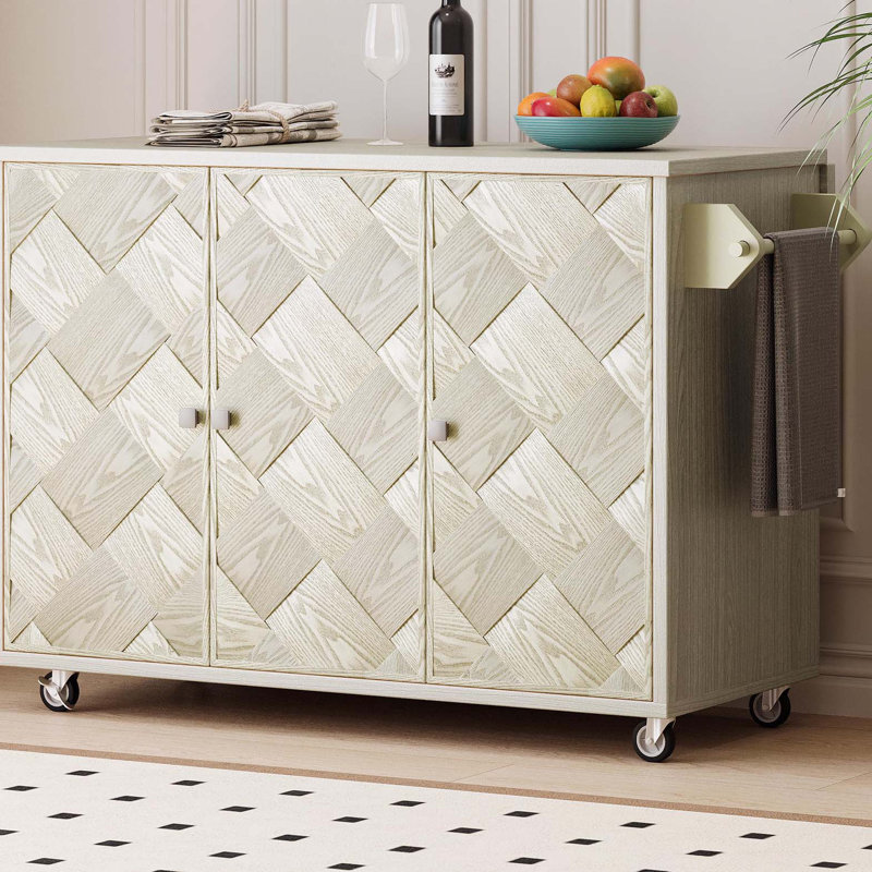 Îlot de cuisine en bois de frêne plaqué de frêne de 51,2 po (papier pas cher) avec abattant, îlot de cuisine sur roulettes avec support de rangement interne, chariot de cuisine roulant, champagne