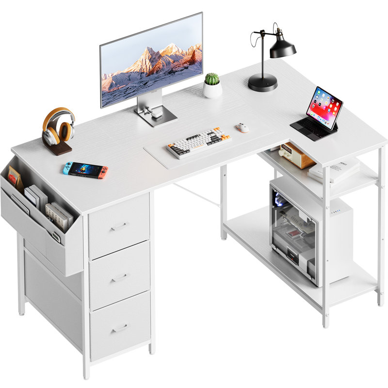 L-Shaped Computer Desk with Storage Bag & 3 Fabric Drawers, Modern Home Office Corner Desk with Storage Shelves, Space-Saving Workstation for Bedroom, Study & Small Spaces