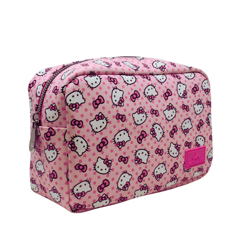 Hello Kitty Pink A Dot Cosmetic Pouch for purse With Silver Hardware, Polyester Lined Interior Travel Makeup Bag Organizer with Inner Slip Pocket