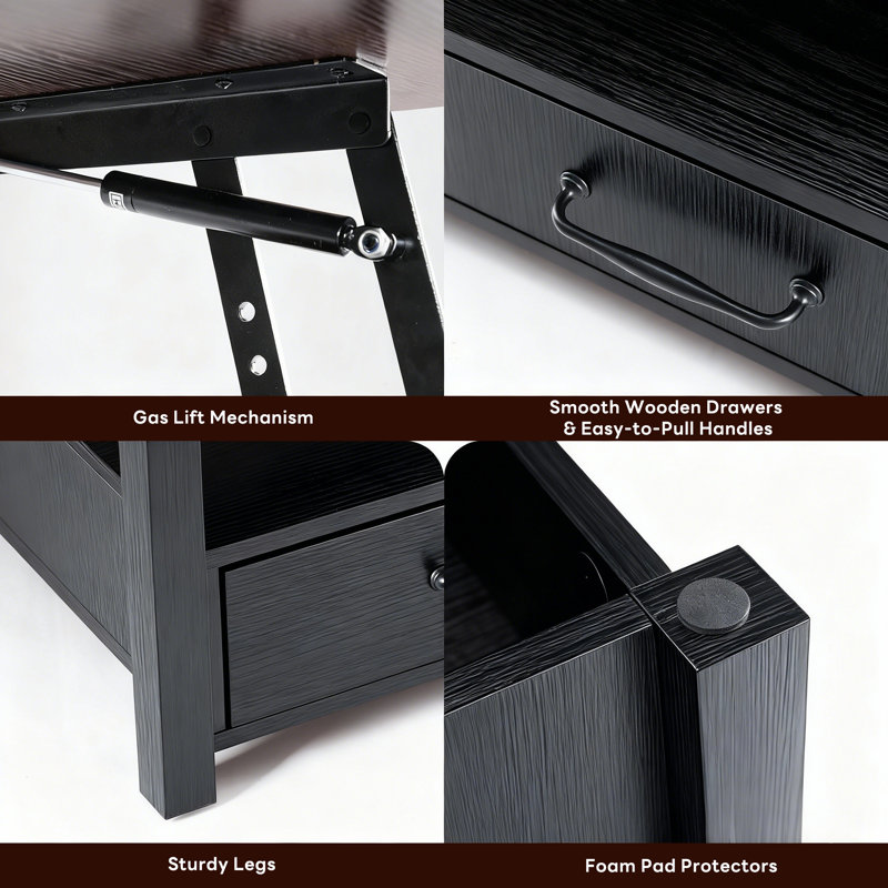 Table basse à plateau relevable avec tiroirs et compartiment caché, Noir