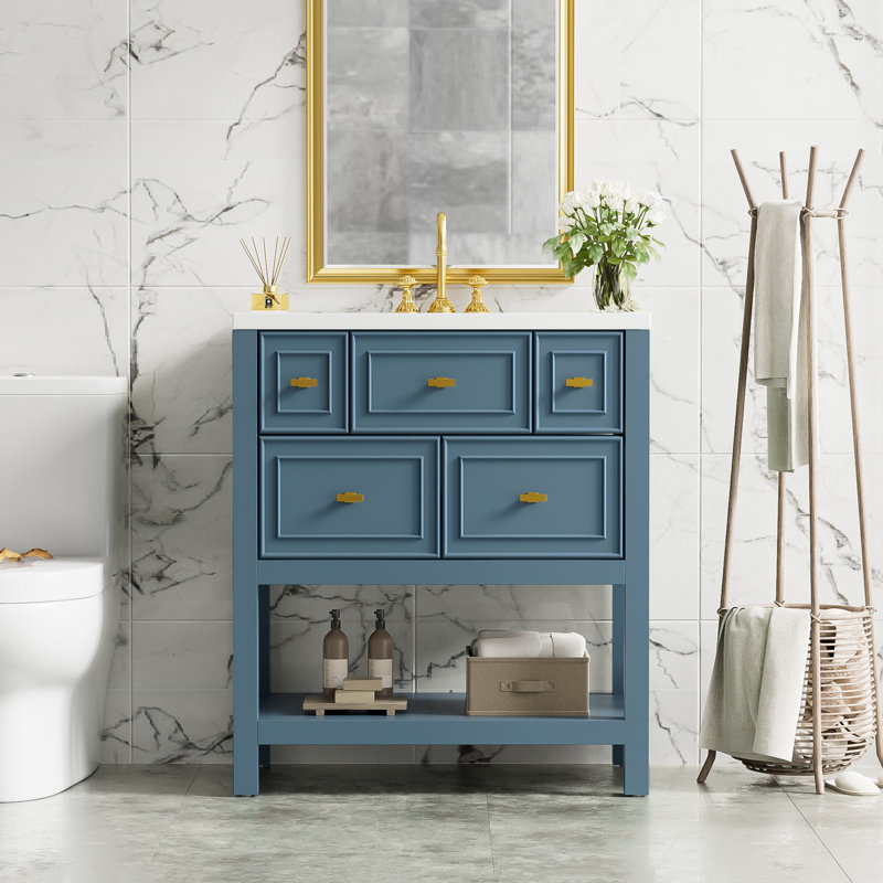 Ensemble de meuble-lavabo simple avec 5 tiroirs, Blanc