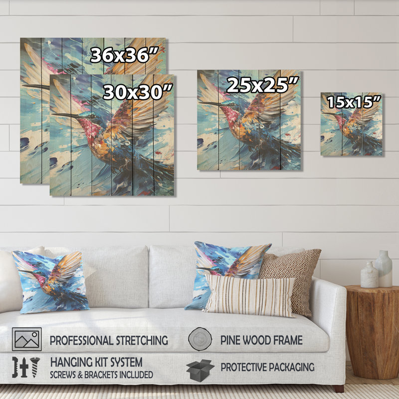 «Blue Fluttering Hummingbird Skies I» - impression de colibri sur bois, H 36 po x l 36 po
