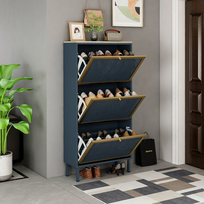 Range-chaussures 3 portes en métal, armoire de rangement pour chaussures autoportante moderne, rotin en métal, pour vestibule