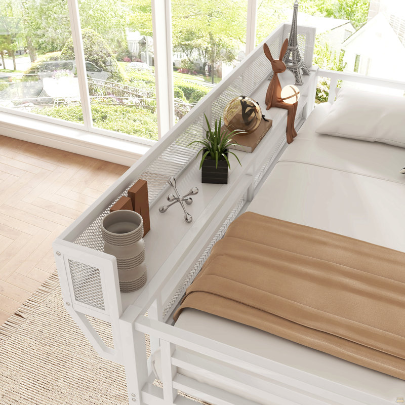 Twin XL Size Loft Bed With Stairs, Metal Full Loft Bed With Storage Shelves, White