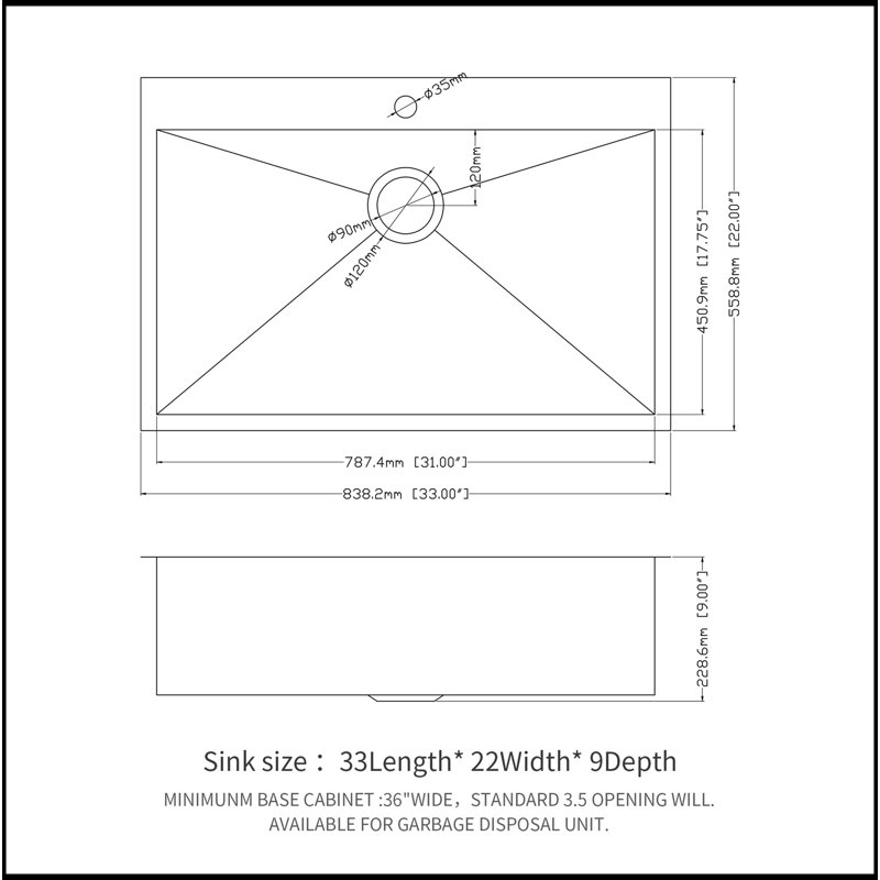 Évier de cuisine 33 po x 22 po à cuve simple encastrable 33 po en acier inoxydable de calibre 18