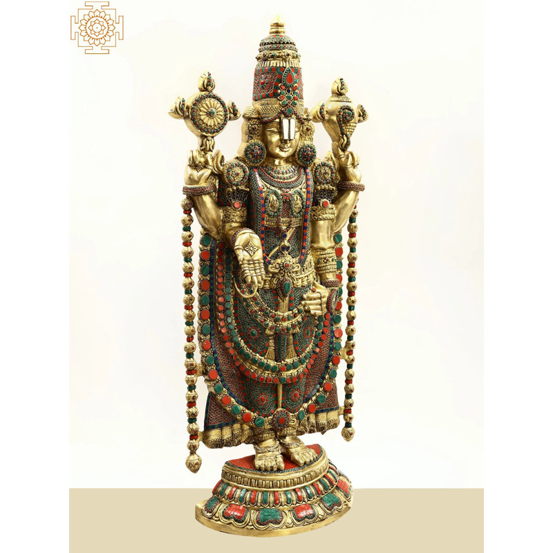 Grande statue en laiton 46 po avec incrustation de Venkateshwara Balaji