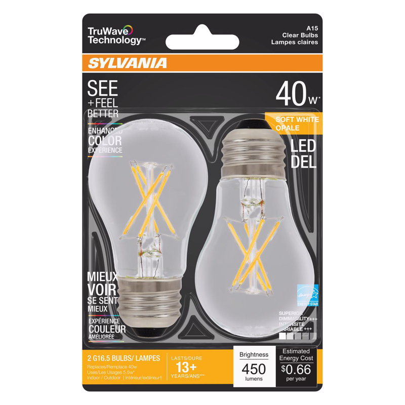 Ampoule à DEL TruWave A15 E26 (moyenne) Sylvania, blanc doux, 40 watts, paquet de 2