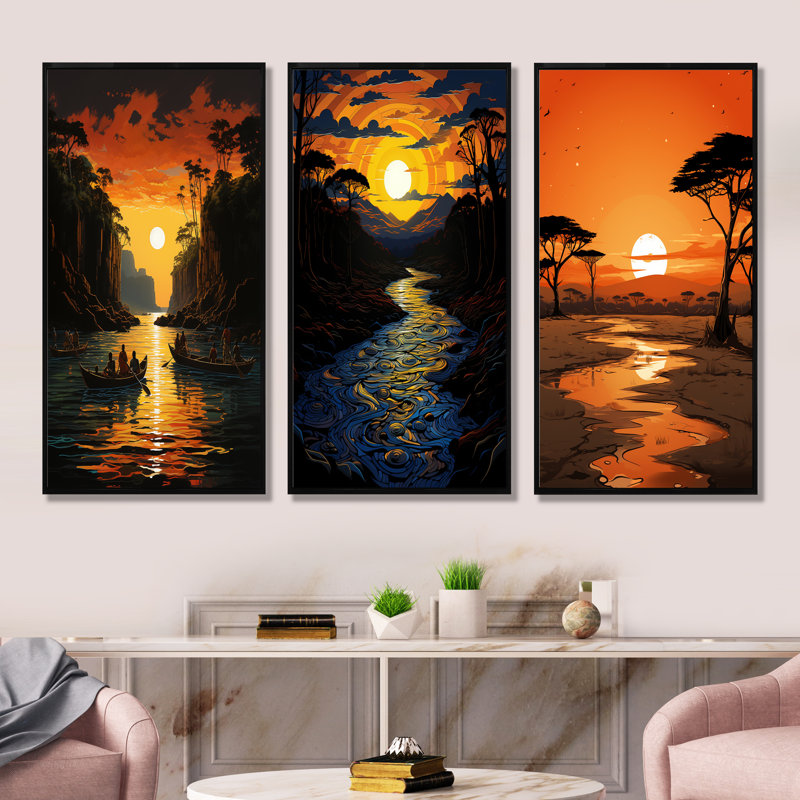 Coucher de soleil africain sur Jungle River I - Jungle, ensemble de 3 reproductions d'art sur toile, Cadre flottant noir